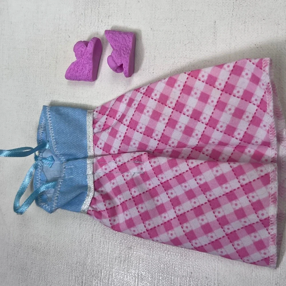 Barbie Doll Pink Gingham Dress Blue Bodice and Purple Wedge Shoes Outfit Set